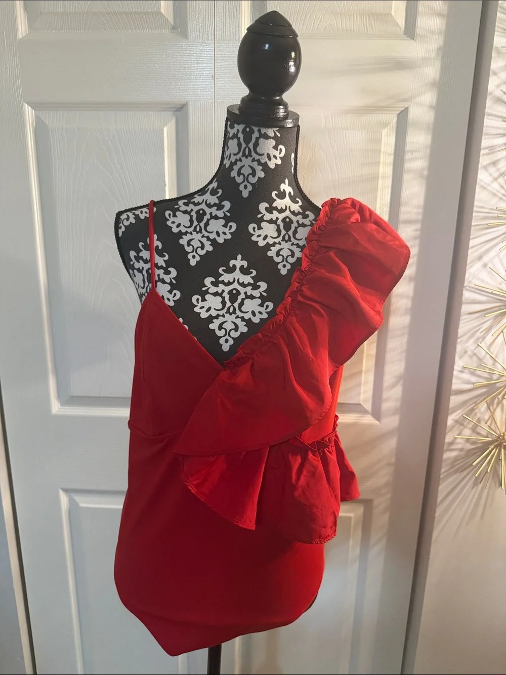 Express Red One-Shoulder Ruffle Bodysuit - Picture 1 of 6